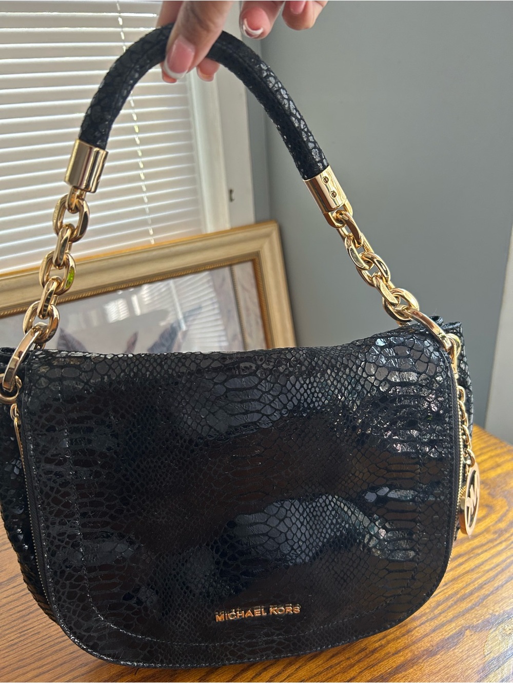 Michael Kors Black Snake-Embossed Chain-Handle Shoulder Bag